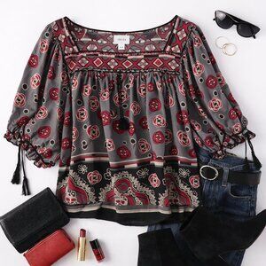 ECI New York Boho Print Top Size 8 | Tassel Sleeve | Date Night Girls Night Out